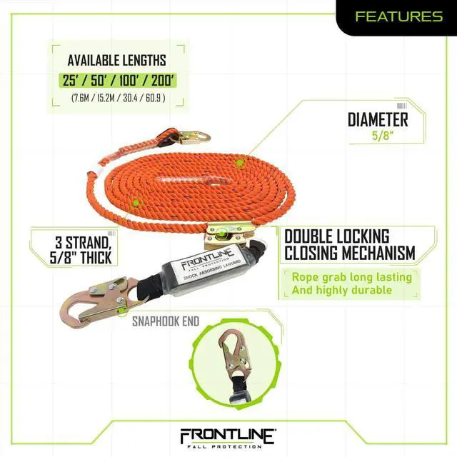 Alt view image 3 of 5 - Frontline VLP200R3L Premium Vertical Lifeline with Openable Rope Grab 200' and Shock Pack | High Tenacity Polyester Material | Double Locking Closing Mechanism | OSHA & ANSI Compliant