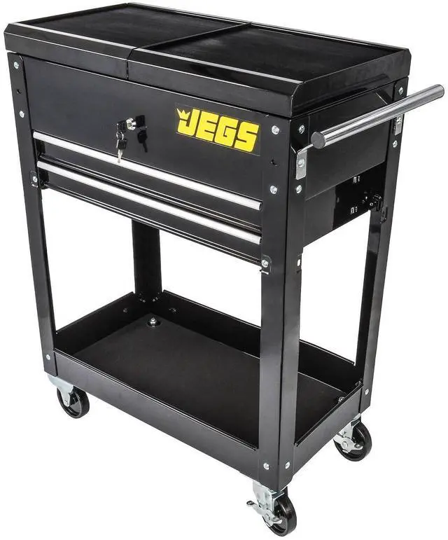 Main image of Heavy-Duty Tool Box Cart | 220 LBS Capacity | Uses Four 4" Caster Wheels | Includes 2 Keyes and 6 Drawer Liners | Black with Logo | 2 Locking Drawers | Sliding Top