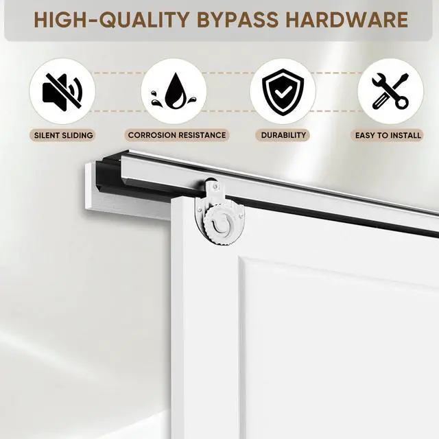 Alt view image 2 of 6 - Sliding Closet Door, 60 in. x 80 in. Bypass Closet Door,2 Panel Primed Doors with Top & Bottom Track Kits, White Hollow Core Bypass Closet Door, Paintable