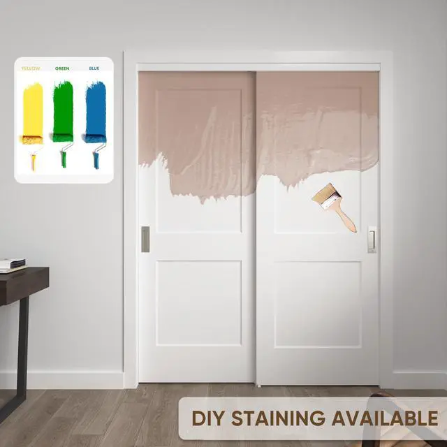 Alt view image 3 of 6 - Sliding Closet Door, 60 in. x 80 in. Bypass Closet Door,2 Panel Primed Doors with Top & Bottom Track Kits, White Hollow Core Bypass Closet Door, Paintable