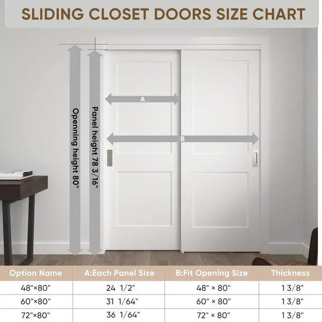 Alt view image 4 of 6 - Sliding Closet Door, 60 in. x 80 in. Bypass Closet Door,2 Panel Primed Doors with Top & Bottom Track Kits, White Hollow Core Bypass Closet Door, Paintable