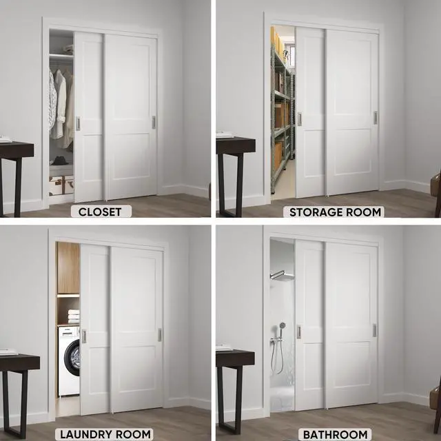 Alt view image 5 of 6 - Sliding Closet Door, 60 in. x 80 in. Bypass Closet Door,2 Panel Primed Doors with Top & Bottom Track Kits, White Hollow Core Bypass Closet Door, Paintable