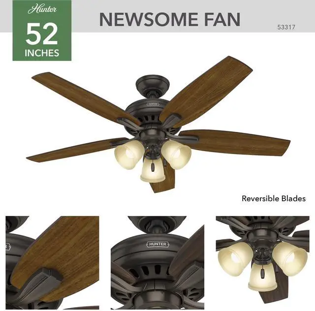Alt view image 2 of 6 - 52 inch Indoor Ceiling Fan with LED Lights - Bronze Ceiling Fan with Pull Chain, For Bedroom or Living Room, Standard Mount, No Remote, 5 Blades, Includes Bulbs - Newsome 53317, Premier Bronze