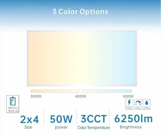 Alt view image 3 of 6 - 2X4 LED Flat Panel Light with Emergency Battery Backup, 50W 3000K/4000K/5000K, 0-10V Dimmable, 6250 Lumens, LED Drop Ceiling Lights, 100-277V, UL Listed(2 Pack)