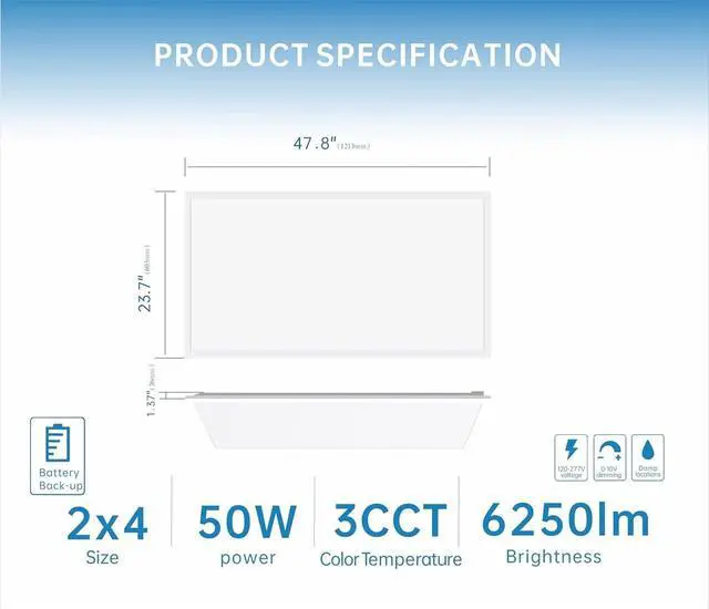 Alt view image 4 of 6 - 2X4 LED Flat Panel Light with Emergency Battery Backup, 50W 3000K/4000K/5000K, 0-10V Dimmable, 6250 Lumens, LED Drop Ceiling Lights, 100-277V, UL Listed(2 Pack)
