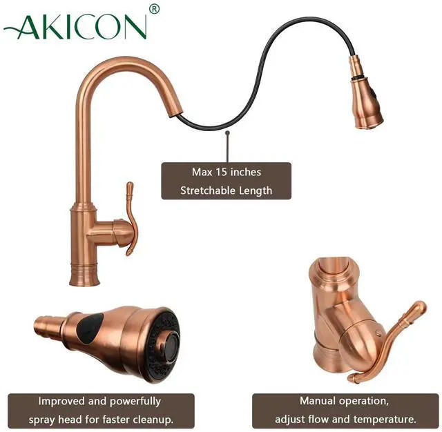 Alt view image 5 of 6 - Pull Out Kitchen Faucet, Single Level Solid Brass Kitchen Sink Faucets with Pull Down Sprayer (Copper)