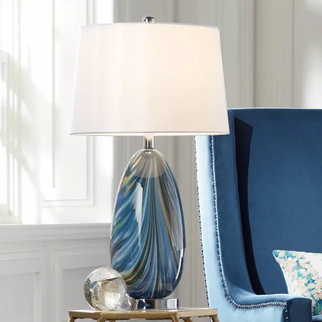 Main image of Pablo Modern Style 3-Way Table Lamp with Table Top Dimmer 27" Tall Multi Color Blue Art Glass Fabric Drum Shade for Living Room Bedroom Bedside Nightstand Home (Color May Vary)