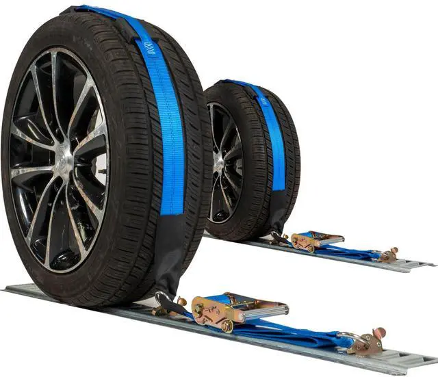 Main image of Wheel Strap with E-Track Fittings and Three Rubber Blocks, Great for Low Clearance Car Hauling, Strong Polyester Webbing, 2,000 Pound Working Load Limit, 2 Pack