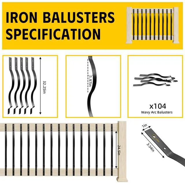 Alt view image 2 of 6 - 104 Pack 32.28"x1" Black Metal Silhouette Balusters,Wave Curved Shape Metal Spindles,Wood and Composite Deck Railing Compatible with Screws for Porch,Stair