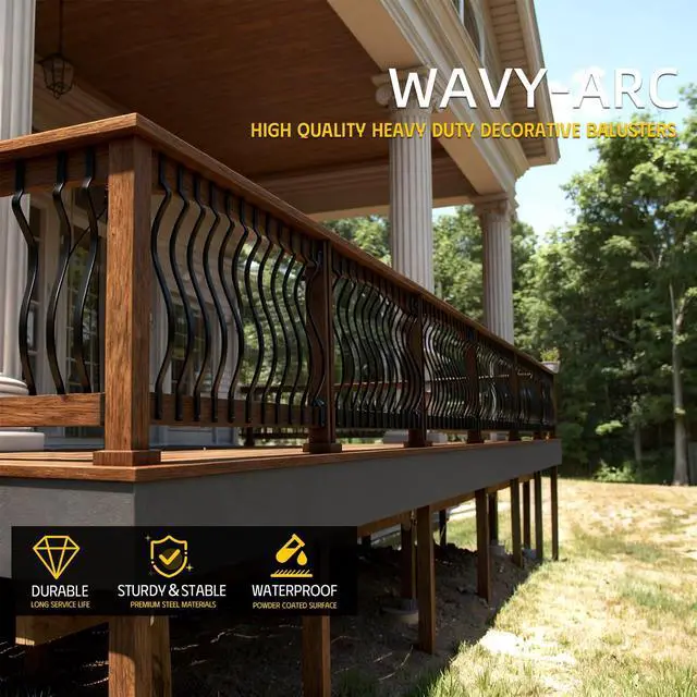 Alt view image 3 of 6 - 104 Pack 32.28"x1" Black Metal Silhouette Balusters,Wave Curved Shape Metal Spindles,Wood and Composite Deck Railing Compatible with Screws for Porch,Stair