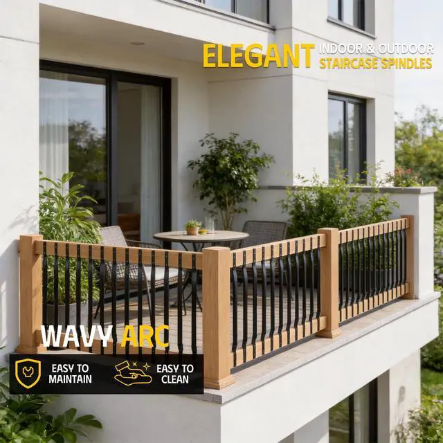 Alt view image 4 of 6 - 104 Pack 32.28"x1" Black Metal Silhouette Balusters,Wave Curved Shape Metal Spindles,Wood and Composite Deck Railing Compatible with Screws for Porch,Stair