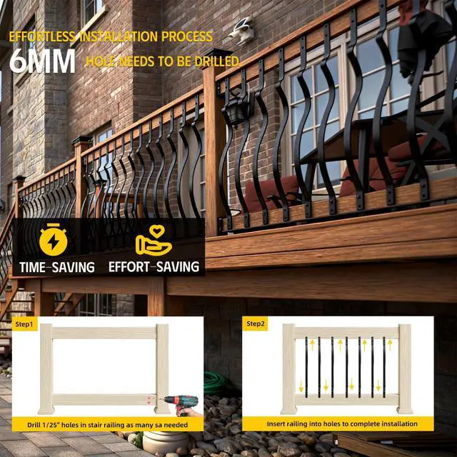 Alt view image 5 of 6 - 104 Pack 32.28"x1" Black Metal Silhouette Balusters,Wave Curved Shape Metal Spindles,Wood and Composite Deck Railing Compatible with Screws for Porch,Stair