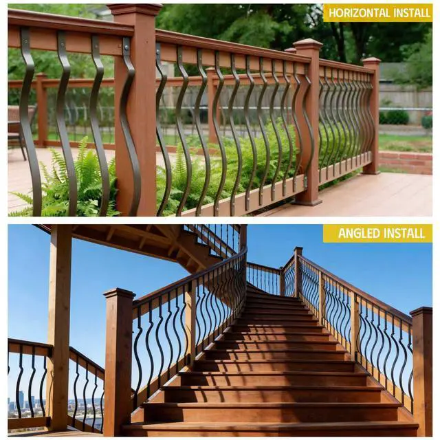 Alt view image 6 of 6 - 104 Pack 32.28"x1" Black Metal Silhouette Balusters,Wave Curved Shape Metal Spindles,Wood and Composite Deck Railing Compatible with Screws for Porch,Stair