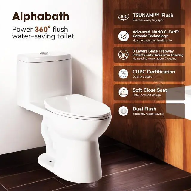 Alt view image 2 of 6 - One Piece Toilets for Bathrooms, 17" Comfort Height Toilet with Soft Close Seat, Dual Flush 0.8/1.28 GPF, cUPC&WaterSense Certified, Easy to Clean & Install, ADA Height, 12" Rough-In