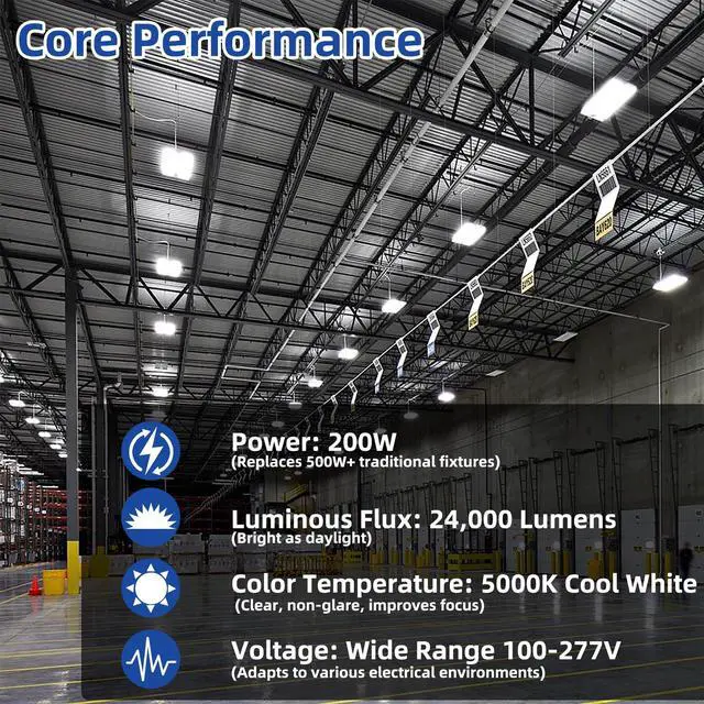 Alt view image 2 of 6 - 200W LED Linear High Bay Shop Lights, 24000LM LED Linear Work Shop Light 140LM/W, 100-277V, 5000K Adjustable Tilt Hanging Commercial Linear High Bay Lights for Workshop Garage, 4-Pack