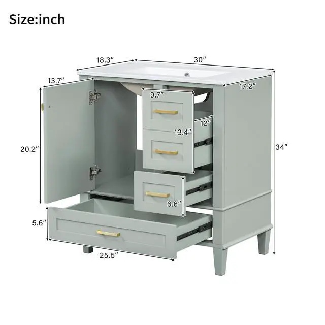 Alt view image 2 of 6 - 30" Bathroom Vanity with Sink, 30 in Vanity with Sink for Bathroom, Modern Bathroom Vanity with Sink 30 Inch, 30 Restroom Vanity with Sink, 3 Drawers and 1 Soft Closing Door (Light Green)