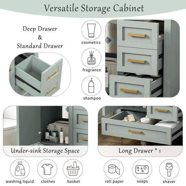 Alt view image 3 of 6 - 30" Bathroom Vanity with Sink, 30 in Vanity with Sink for Bathroom, Modern Bathroom Vanity with Sink 30 Inch, 30 Restroom Vanity with Sink, 3 Drawers and 1 Soft Closing Door (Light Green)