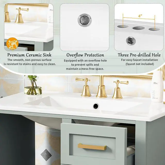 Alt view image 4 of 6 - 30" Bathroom Vanity with Sink, 30 in Vanity with Sink for Bathroom, Modern Bathroom Vanity with Sink 30 Inch, 30 Restroom Vanity with Sink, 3 Drawers and 1 Soft Closing Door (Light Green)