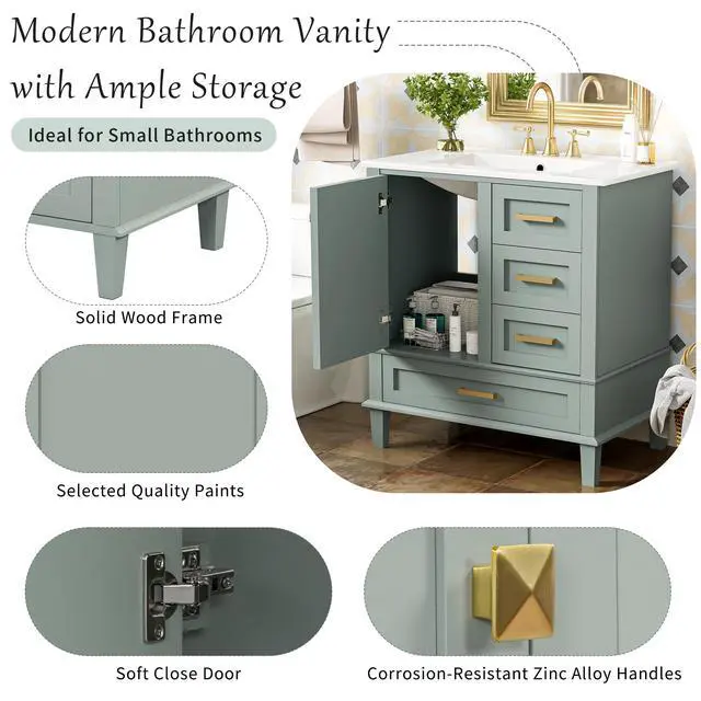Alt view image 5 of 6 - 30" Bathroom Vanity with Sink, 30 in Vanity with Sink for Bathroom, Modern Bathroom Vanity with Sink 30 Inch, 30 Restroom Vanity with Sink, 3 Drawers and 1 Soft Closing Door (Light Green)