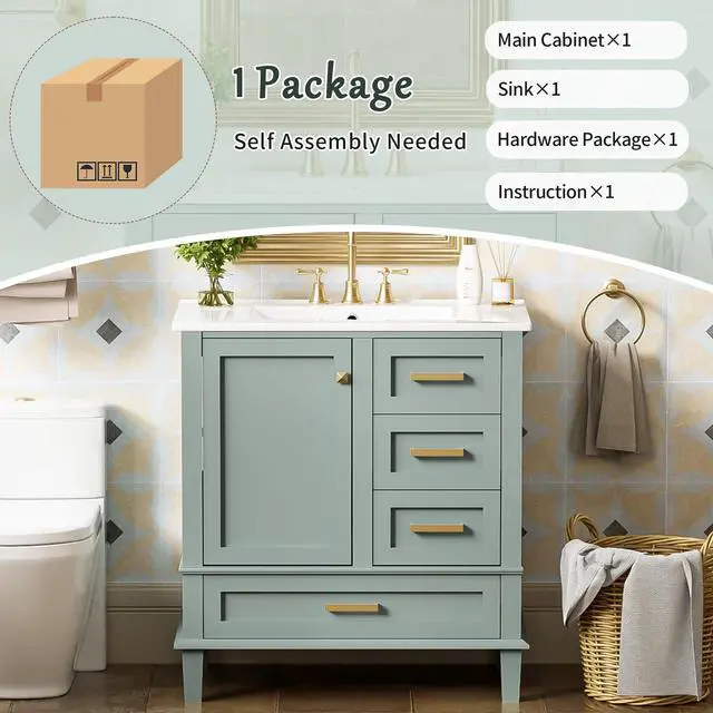 Alt view image 6 of 6 - 30" Bathroom Vanity with Sink, 30 in Vanity with Sink for Bathroom, Modern Bathroom Vanity with Sink 30 Inch, 30 Restroom Vanity with Sink, 3 Drawers and 1 Soft Closing Door (Light Green)