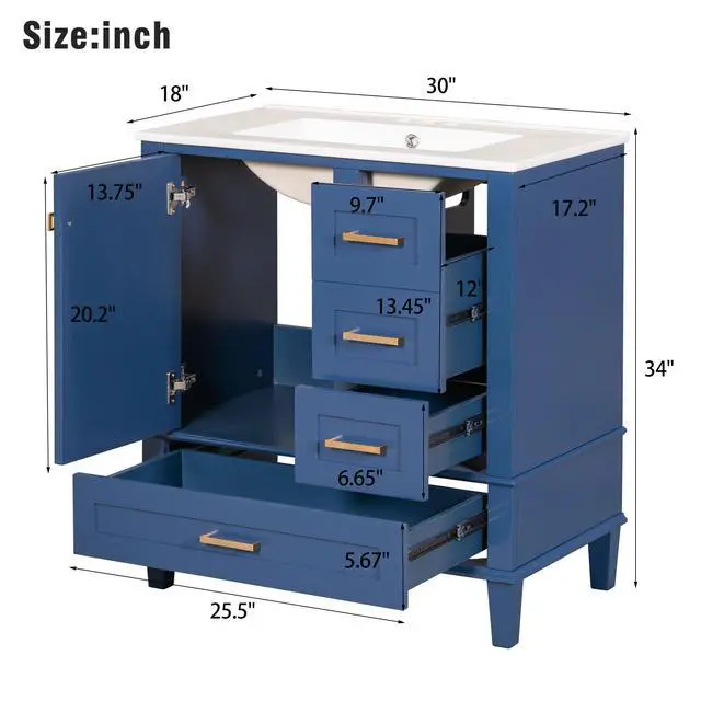 Alt view image 2 of 6 - 30" Bathroom Vanity with Sink, Bathroom Vanities 30 Inch with Top, Single Sink Bathroom Vanity with 3 Drawers and 1 Soft Closing Door, 30 Restroom Vanity with Cuntertop Sink (Blue)