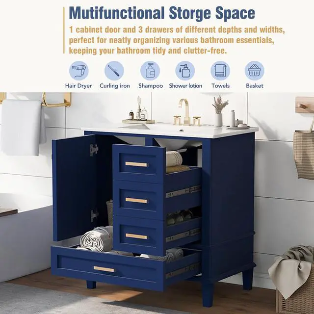 Alt view image 3 of 6 - 30" Bathroom Vanity with Sink, Bathroom Vanities 30 Inch with Top, Single Sink Bathroom Vanity with 3 Drawers and 1 Soft Closing Door, 30 Restroom Vanity with Cuntertop Sink (Blue)