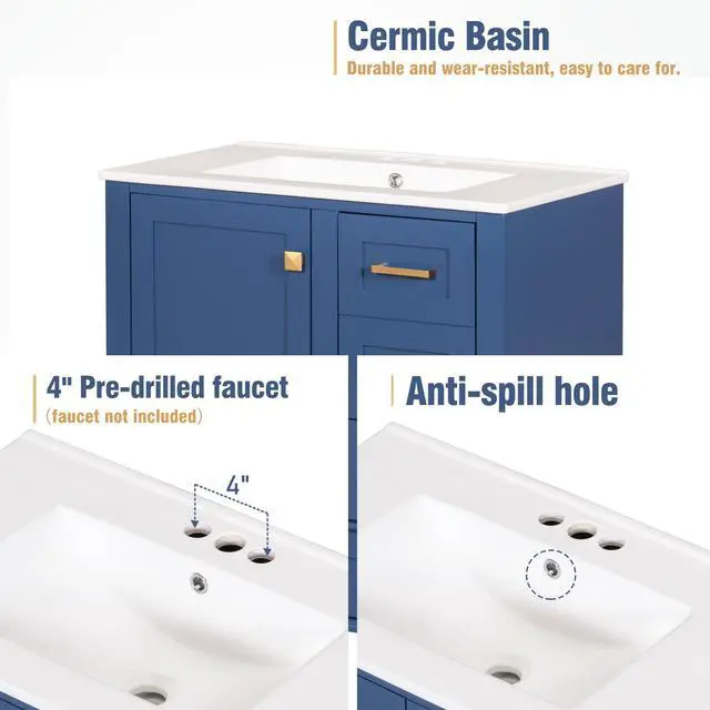 Alt view image 4 of 6 - 30" Bathroom Vanity with Sink, Bathroom Vanities 30 Inch with Top, Single Sink Bathroom Vanity with 3 Drawers and 1 Soft Closing Door, 30 Restroom Vanity with Cuntertop Sink (Blue)