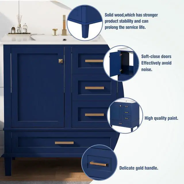 Alt view image 5 of 6 - 30" Bathroom Vanity with Sink, Bathroom Vanities 30 Inch with Top, Single Sink Bathroom Vanity with 3 Drawers and 1 Soft Closing Door, 30 Restroom Vanity with Cuntertop Sink (Blue)