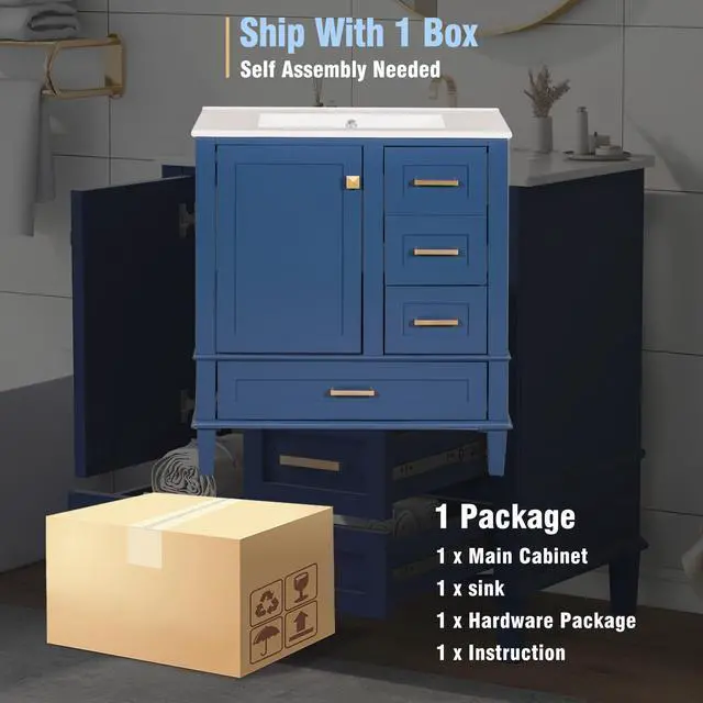 Alt view image 6 of 6 - 30" Bathroom Vanity with Sink, Bathroom Vanities 30 Inch with Top, Single Sink Bathroom Vanity with 3 Drawers and 1 Soft Closing Door, 30 Restroom Vanity with Cuntertop Sink (Blue)
