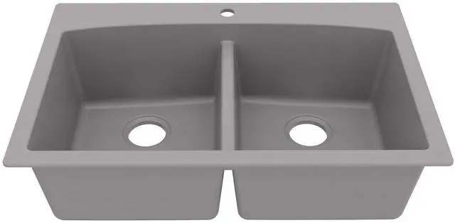 Main image of QT-710 33 Inch Top Mount Double Bowl Kitchen Sink, 50/50 Low Divide Quartz Composite Drop-In Sink, Rear Drain, Heat and Scratch Resistant, Grey