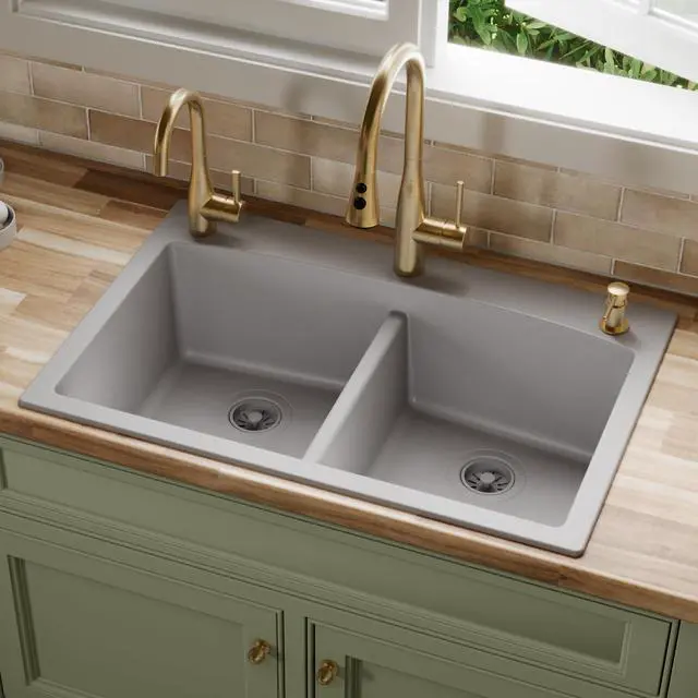 Alt view image 2 of 6 - QT-710 33 Inch Top Mount Double Bowl Kitchen Sink, 50/50 Low Divide Quartz Composite Drop-In Sink, Rear Drain, Heat and Scratch Resistant, Grey