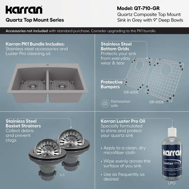 Alt view image 4 of 6 - QT-710 33 Inch Top Mount Double Bowl Kitchen Sink, 50/50 Low Divide Quartz Composite Drop-In Sink, Rear Drain, Heat and Scratch Resistant, Grey