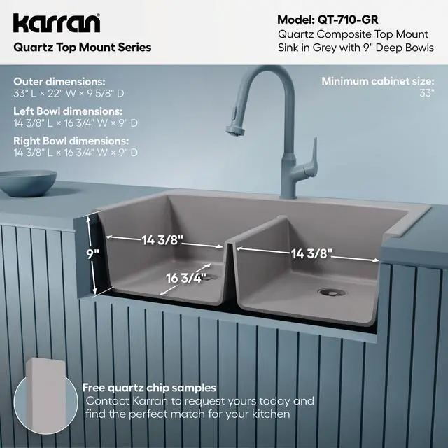 Alt view image 5 of 6 - QT-710 33 Inch Top Mount Double Bowl Kitchen Sink, 50/50 Low Divide Quartz Composite Drop-In Sink, Rear Drain, Heat and Scratch Resistant, Grey