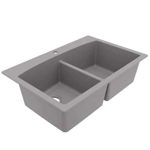 Alt view image 6 of 6 - QT-710 33 Inch Top Mount Double Bowl Kitchen Sink, 50/50 Low Divide Quartz Composite Drop-In Sink, Rear Drain, Heat and Scratch Resistant, Grey