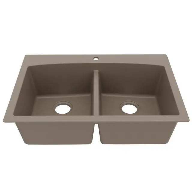 Main image of QT-710 33 Inch Top Mount Double Bowl Kitchen Sink, 50/50 Low Divide Quartz Composite Drop-In Sink, Rear Drain, Heat and Scratch Resistant, Concrete