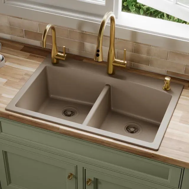 Alt view image 2 of 6 - QT-710 33 Inch Top Mount Double Bowl Kitchen Sink, 50/50 Low Divide Quartz Composite Drop-In Sink, Rear Drain, Heat and Scratch Resistant, Concrete