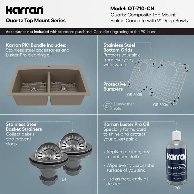 Alt view image 4 of 6 - QT-710 33 Inch Top Mount Double Bowl Kitchen Sink, 50/50 Low Divide Quartz Composite Drop-In Sink, Rear Drain, Heat and Scratch Resistant, Concrete