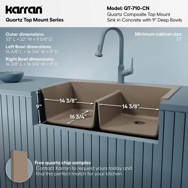 Alt view image 5 of 6 - QT-710 33 Inch Top Mount Double Bowl Kitchen Sink, 50/50 Low Divide Quartz Composite Drop-In Sink, Rear Drain, Heat and Scratch Resistant, Concrete