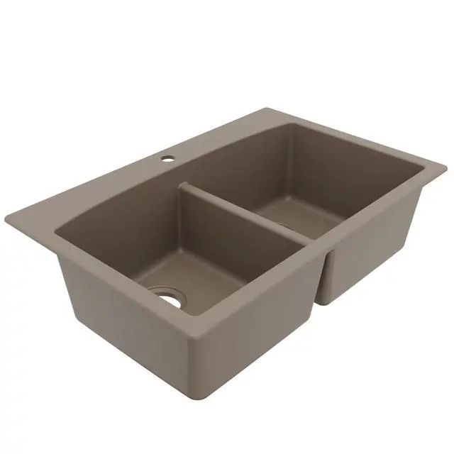 Alt view image 6 of 6 - QT-710 33 Inch Top Mount Double Bowl Kitchen Sink, 50/50 Low Divide Quartz Composite Drop-In Sink, Rear Drain, Heat and Scratch Resistant, Concrete
