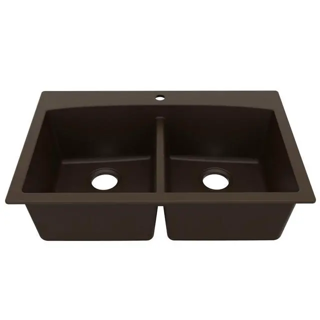 Main image of QT-710 33 Inch Top Mount Double Bowl Kitchen Sink, 50/50 Low Divide Quartz Composite Drop-In Sink, Rear Drain, Heat and Scratch Resistant, Brown