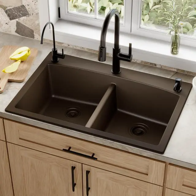 Alt view image 2 of 6 - QT-710 33 Inch Top Mount Double Bowl Kitchen Sink, 50/50 Low Divide Quartz Composite Drop-In Sink, Rear Drain, Heat and Scratch Resistant, Brown