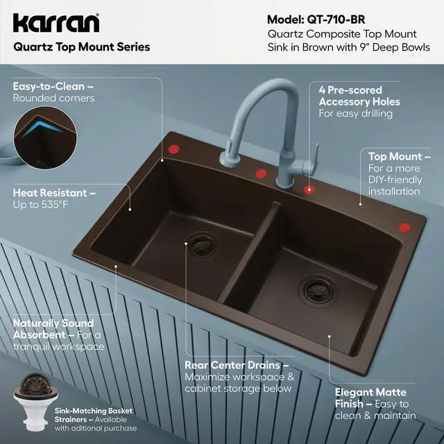 Alt view image 3 of 6 - QT-710 33 Inch Top Mount Double Bowl Kitchen Sink, 50/50 Low Divide Quartz Composite Drop-In Sink, Rear Drain, Heat and Scratch Resistant, Brown