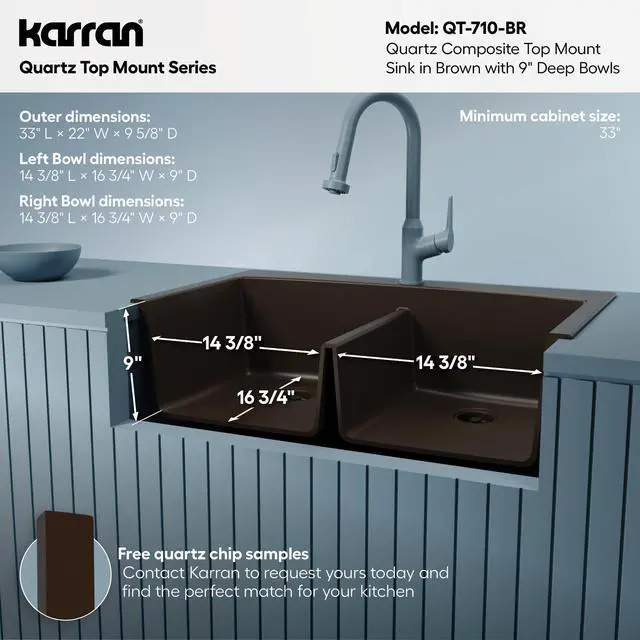 Alt view image 5 of 6 - QT-710 33 Inch Top Mount Double Bowl Kitchen Sink, 50/50 Low Divide Quartz Composite Drop-In Sink, Rear Drain, Heat and Scratch Resistant, Brown