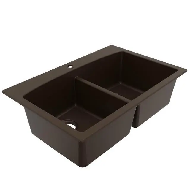 Alt view image 6 of 6 - QT-710 33 Inch Top Mount Double Bowl Kitchen Sink, 50/50 Low Divide Quartz Composite Drop-In Sink, Rear Drain, Heat and Scratch Resistant, Brown