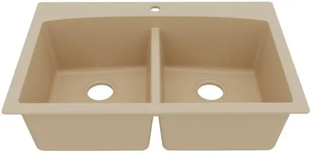 Main image of QT-710 33 Inch Top Mount Double Bowl Kitchen Sink, 50/50 Low Divide Quartz Composite Drop-In Sink, Rear Drain, Heat and Scratch Resistant, Bisque