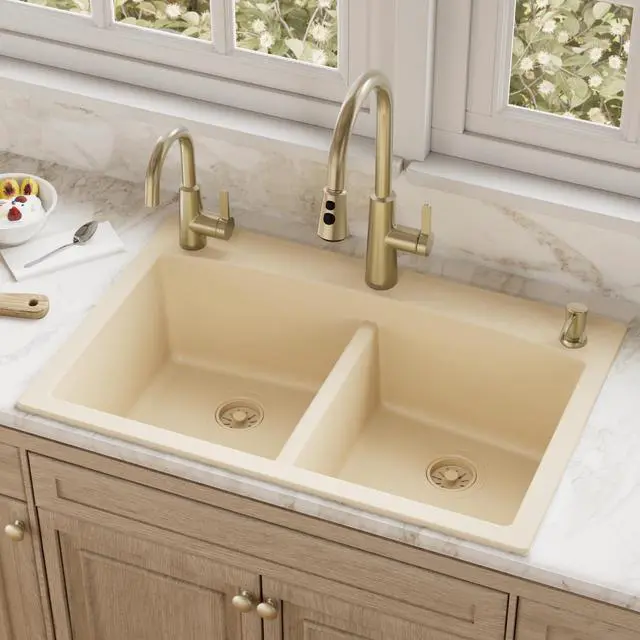 Alt view image 2 of 6 - QT-710 33 Inch Top Mount Double Bowl Kitchen Sink, 50/50 Low Divide Quartz Composite Drop-In Sink, Rear Drain, Heat and Scratch Resistant, Bisque