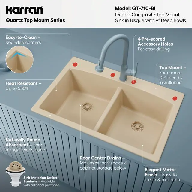 Alt view image 3 of 6 - QT-710 33 Inch Top Mount Double Bowl Kitchen Sink, 50/50 Low Divide Quartz Composite Drop-In Sink, Rear Drain, Heat and Scratch Resistant, Bisque