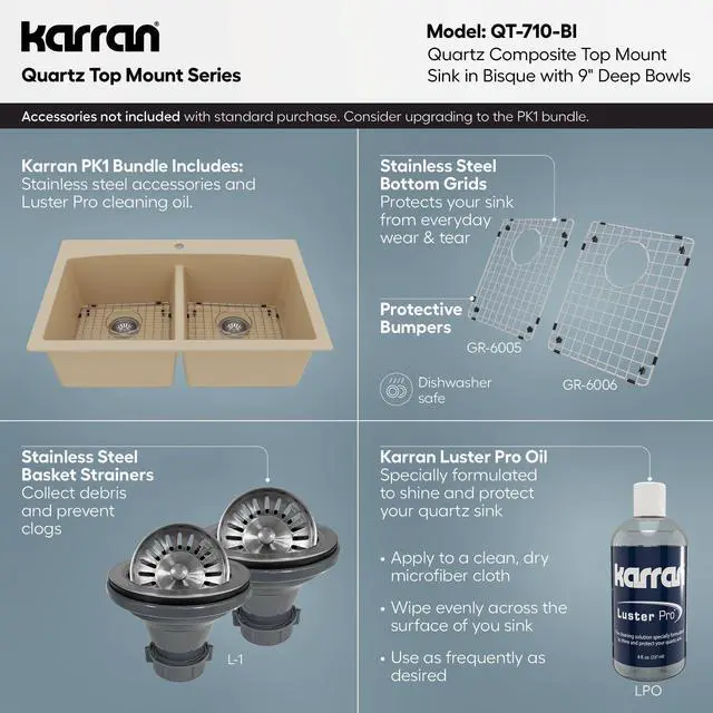 Alt view image 4 of 6 - QT-710 33 Inch Top Mount Double Bowl Kitchen Sink, 50/50 Low Divide Quartz Composite Drop-In Sink, Rear Drain, Heat and Scratch Resistant, Bisque