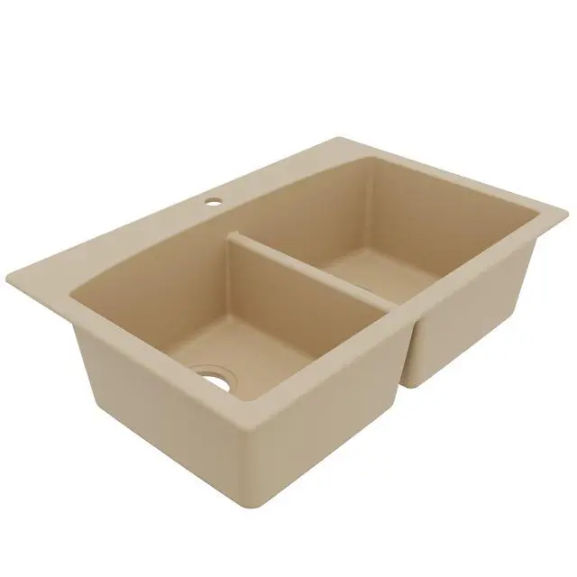 Alt view image 5 of 6 - QT-710 33 Inch Top Mount Double Bowl Kitchen Sink, 50/50 Low Divide Quartz Composite Drop-In Sink, Rear Drain, Heat and Scratch Resistant, Bisque