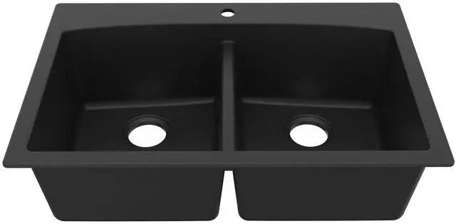 Main image of QT-710 33 Inch Top Mount Double Bowl Kitchen Sink, 50/50 Low Divide Quartz Composite Drop-In Sink, Rear Drain, Heat and Scratch Resistant, Black